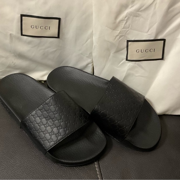 Gucci Black Microguccissima Slide Sandals - Picture 1 of 7